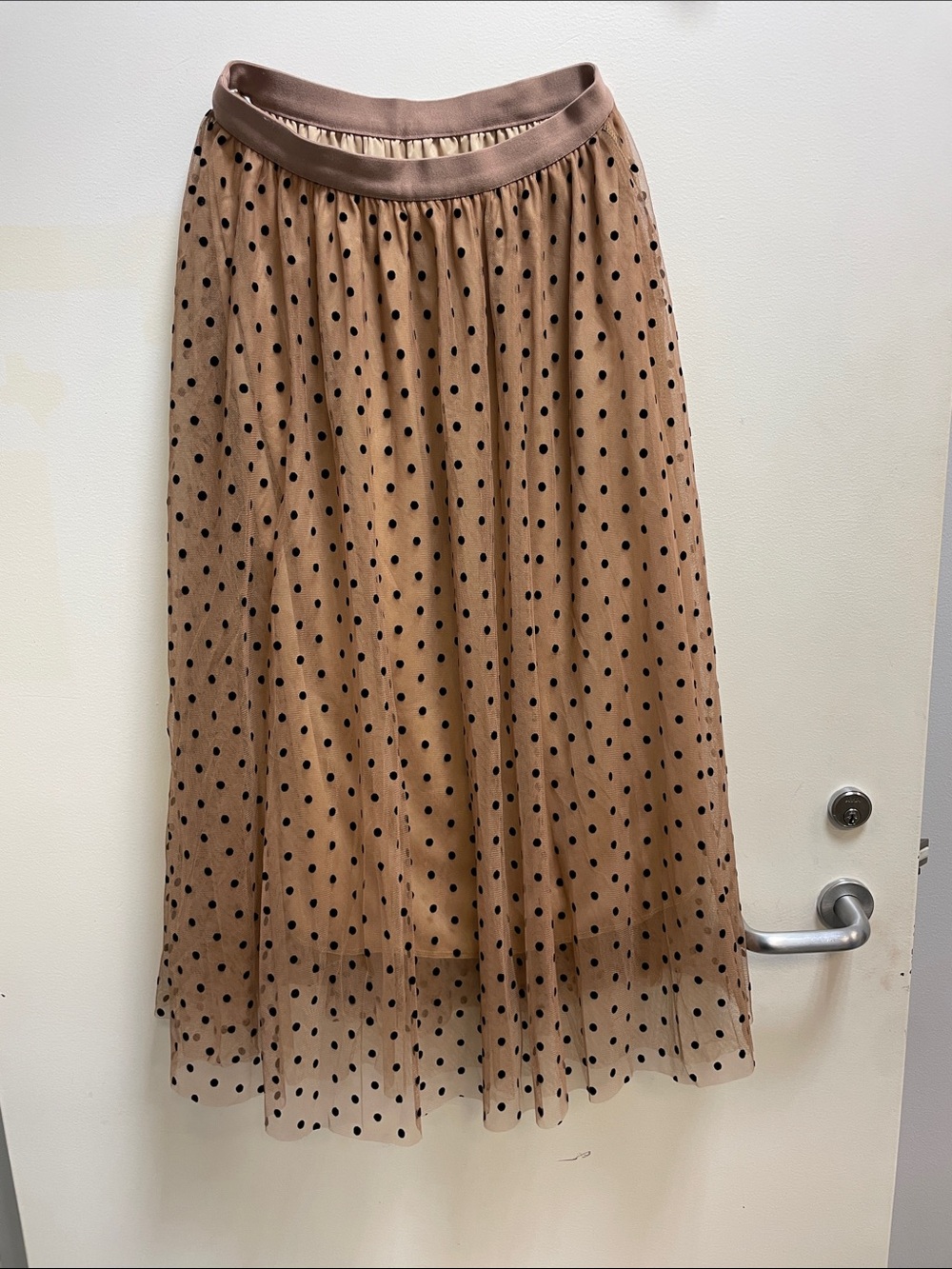 Polka Dot Mesh Midi Skirt in Tan